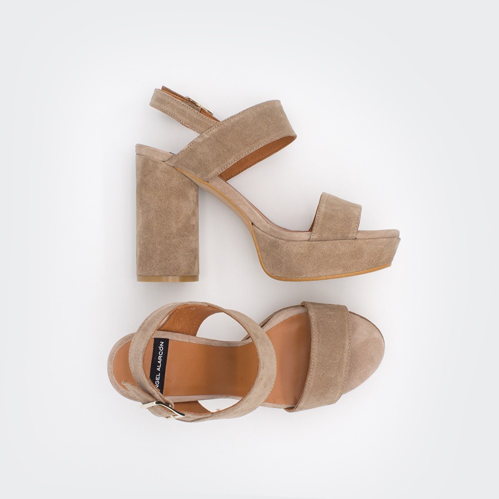 Brown leather suede. Rounded high heels platforms ankle strap sandals. Spring Summer 2020 women's shoes collection.