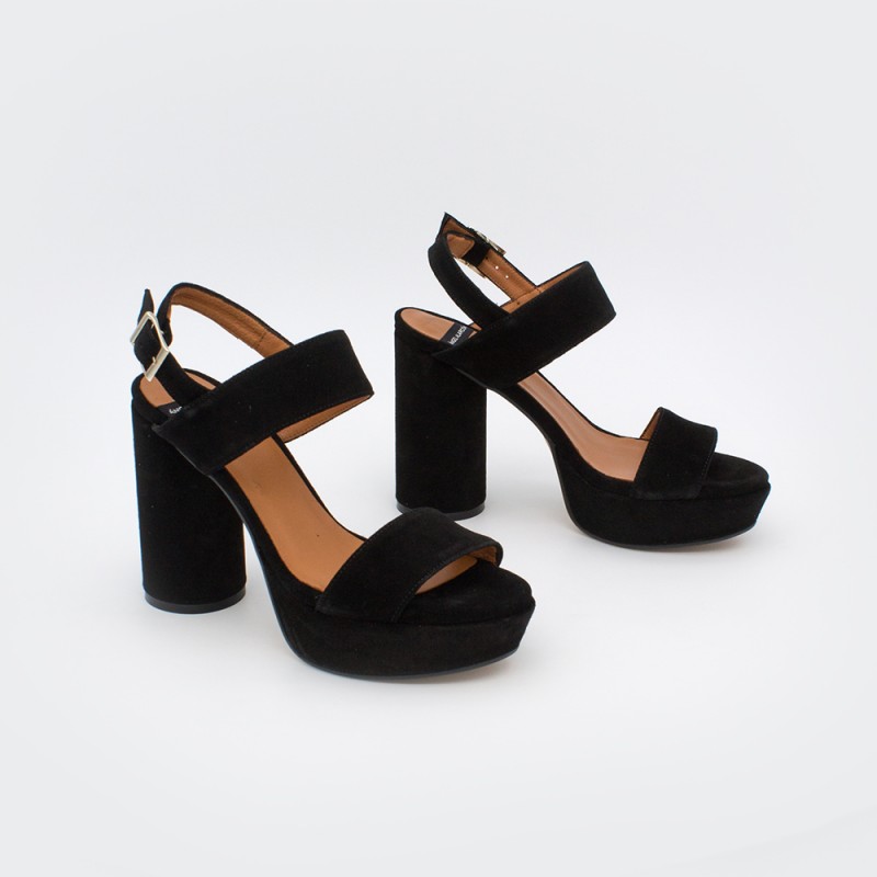 Black leather suede. Rounded high heels platforms ankle strap sandals. Spring Summer 2020 women's shoes collection.