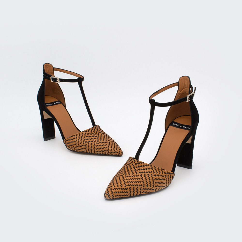 SAO - Pointed toe block high heel t-strap women's dress shoes from Angel Alarcon brand. Suede black brown. Spring Summer 2020
