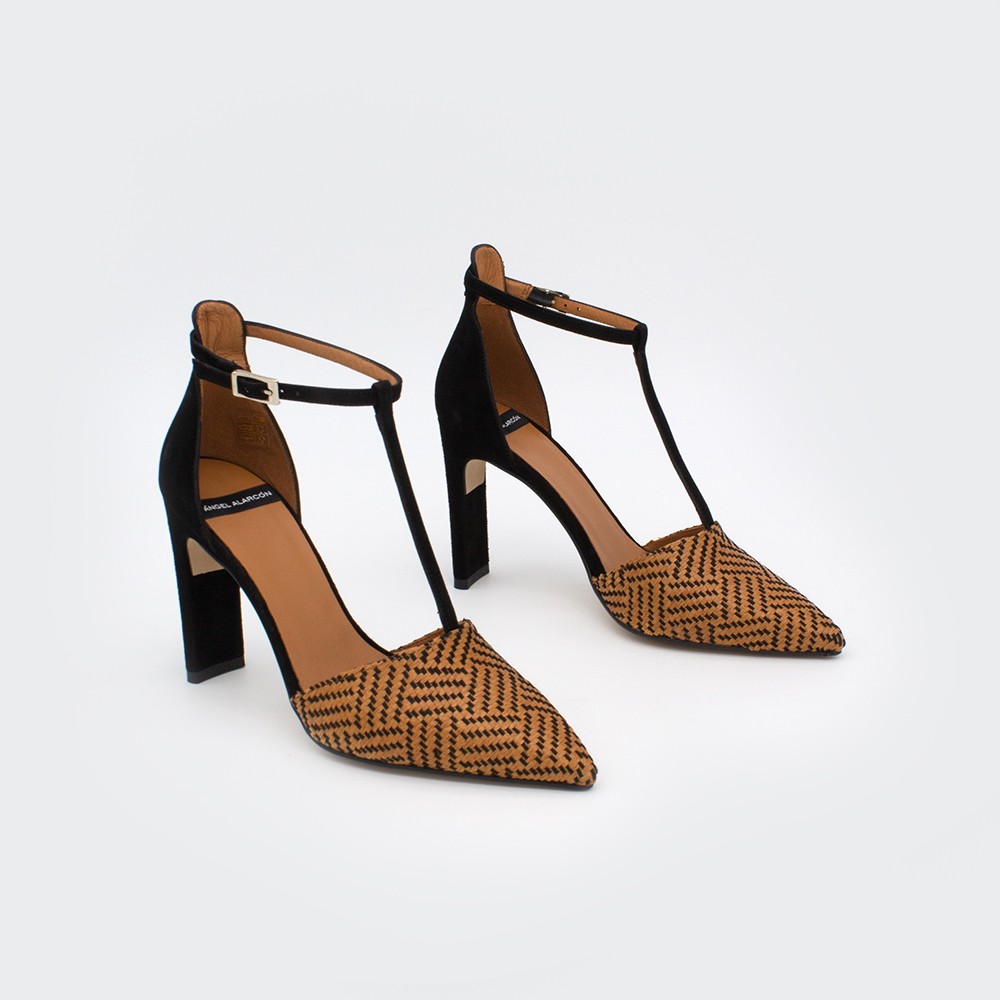 SAO - Pointed toe block high heel t-strap women's dress shoes from Angel Alarcon brand. Suede black brown. Spring Summer 2020