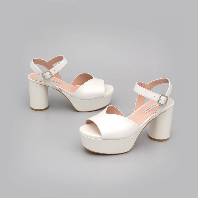 INNA Sandalias cómodas de piel blanca de tacón medio ancho y plataforma zapatos de novia 2020