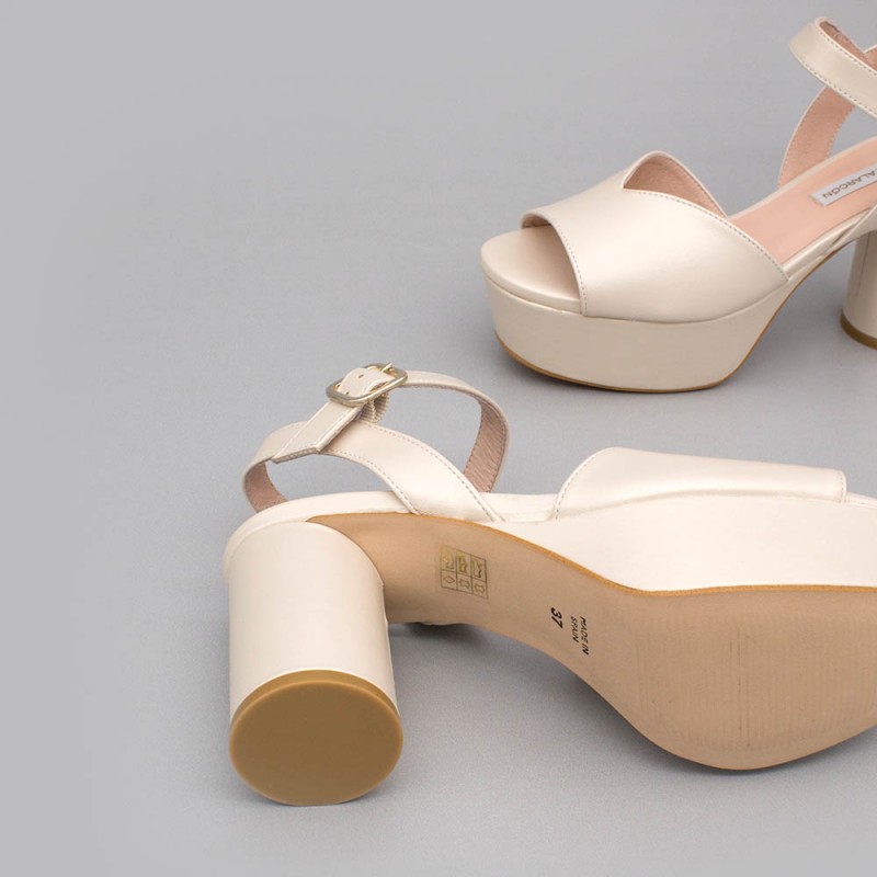 Ivory leather - INNA - Medium, rounded and block heel platforms. Wedding shoes. 2020 collection. Angel Alarcon Made in Spain.