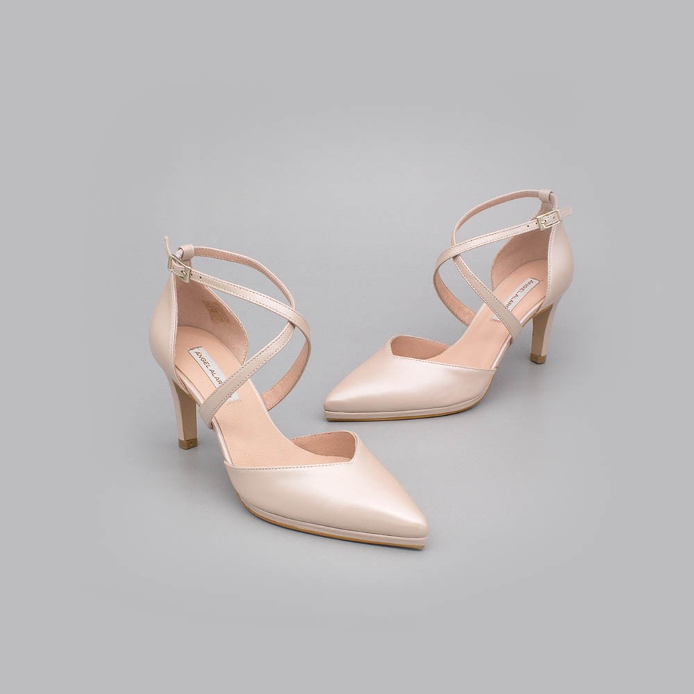 Nude leather - LILIAM - Comfortable, medium heel and low platform wedding Shoes 2020. Made in Spain. D'orsay pointed toe