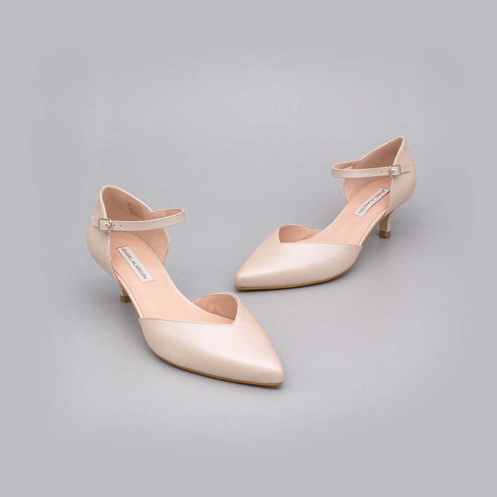 Nujde leather - ELOISE - kitten heels d'orsay ankle strap pointed toe. Angel Alarcon. Wedding shoes 2020. Made in Spain