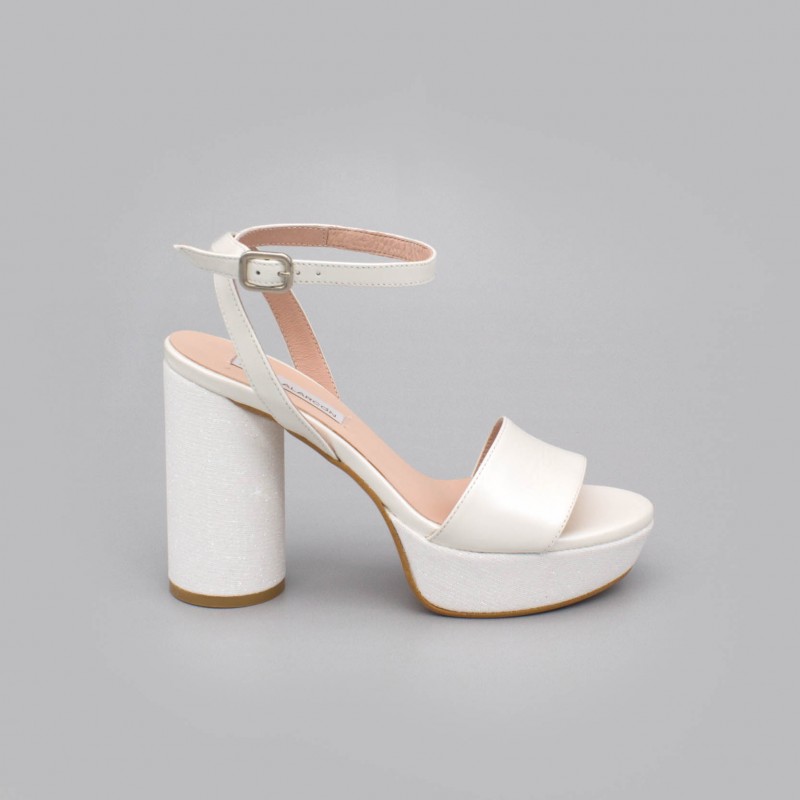 White leather - HANNA - Rounded, high and wide platform of glitter sandals. Wedding shoes 2020. Angel Alarcon Made in Spain