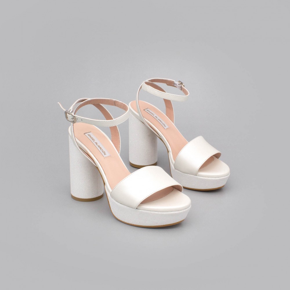 White leather - HANNA - Rounded, high and wide platform of glitter sandals. Wedding shoes 2020. Angel Alarcon Made in Spain
