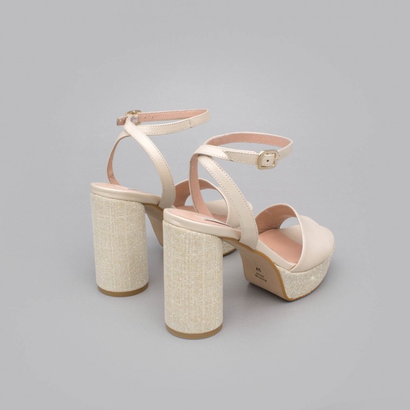 Ivory gold leather - HANNA - Rounded, high and wide platform of glitter sandals. Wedding shoes 2020. Angel Alarcon Made in Spain