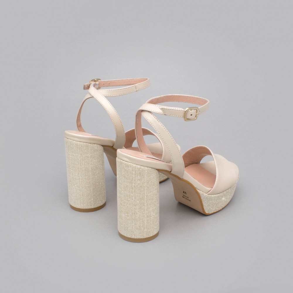 Ivory gold leather - HANNA - Rounded, high and wide platform of glitter sandals. Wedding shoes 2020. Angel Alarcon Made in Spain
