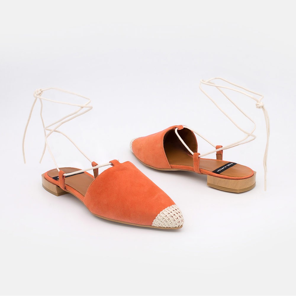 Zapatos mujer ante naranja. Bailarinas destalonadas de cuerdas con puntera de ganchillo. Verano 2021. SIROS 20050-522B