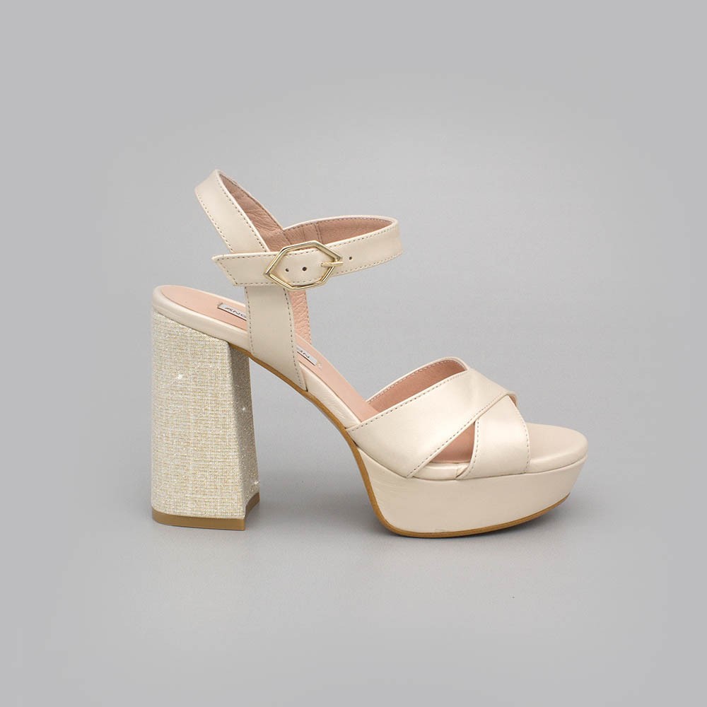 HELLEN Sandalias cómodas con plataforma y tacón ancho de purpurina zapatos de novia 2020 Ángel Alarcón hueso ivory dorado oro