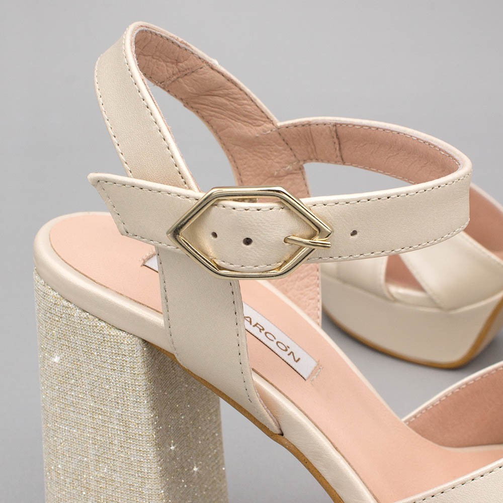 HELLEN Sandalias cómodas con plataforma y tacón ancho de purpurina zapatos de novia 2020 Ángel Alarcón ivory hueso dorado oro