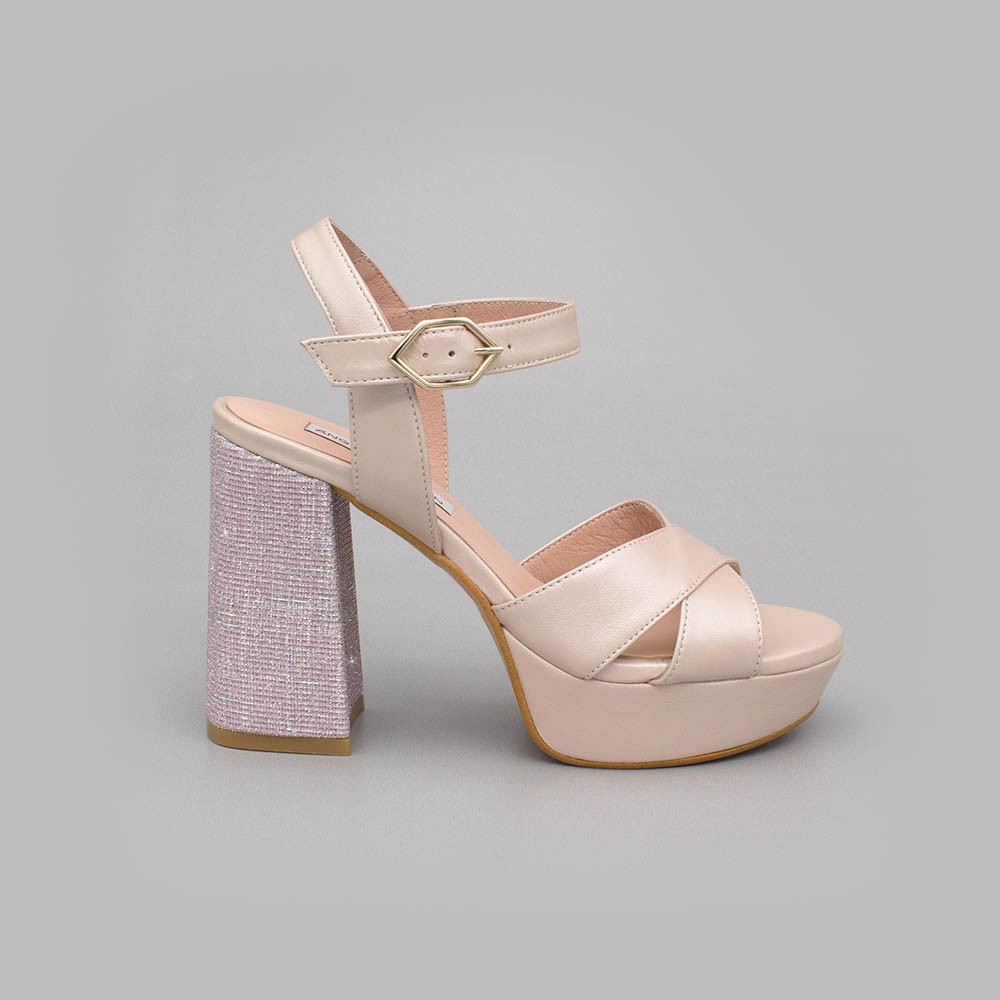 HELLEN Sandalias cómodas con plataforma y tacón ancho de purpurina zapatos de novia 2020 Ángel Alarcón nude rosa palo plata