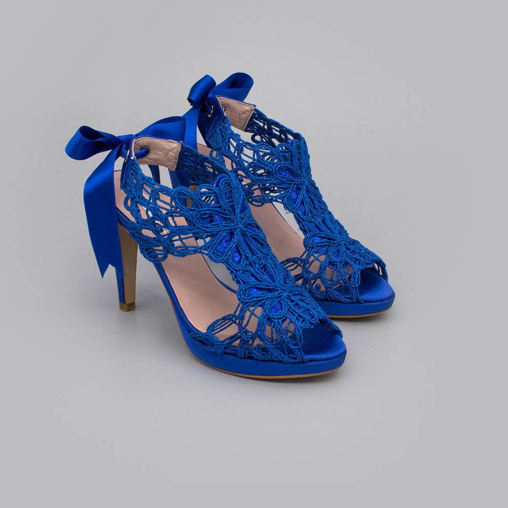 Blue lace satin - LOVERS - Platforms High heels Sandals. Wedding and party women's shoes 2020. Made in Spain. Angel Alarcon.