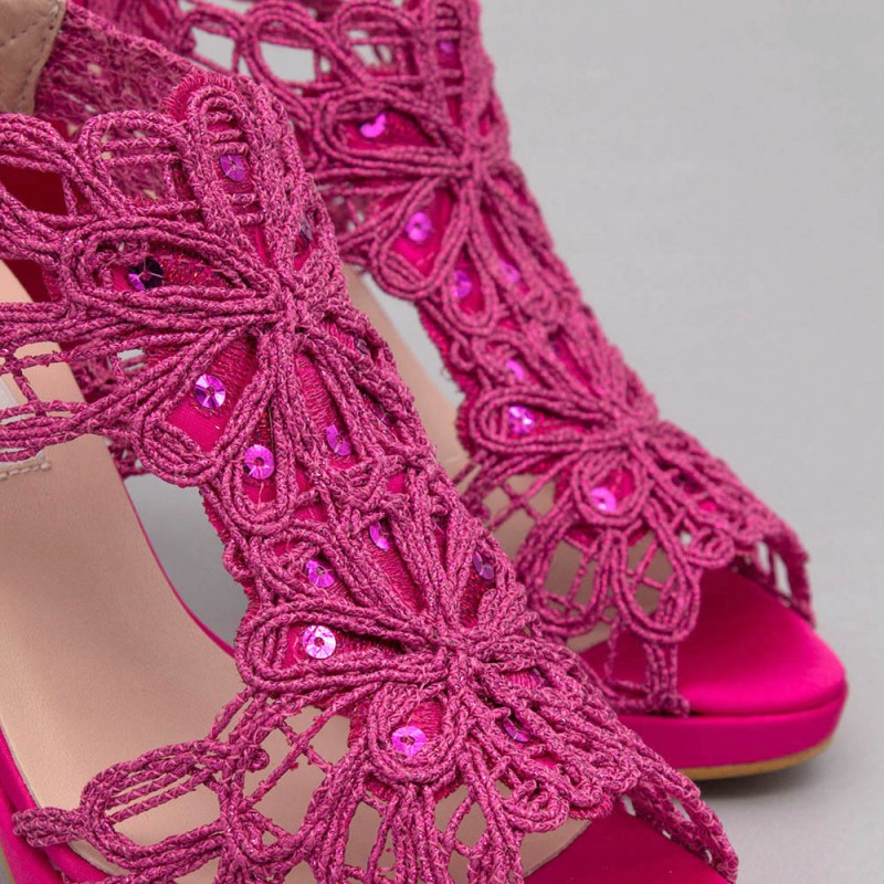 fucsia buganvilla rosa LOVERS Sandalias originales de raso y cordela tacón alto plataforma zapatos de novia 2020 Ángel Alarcón