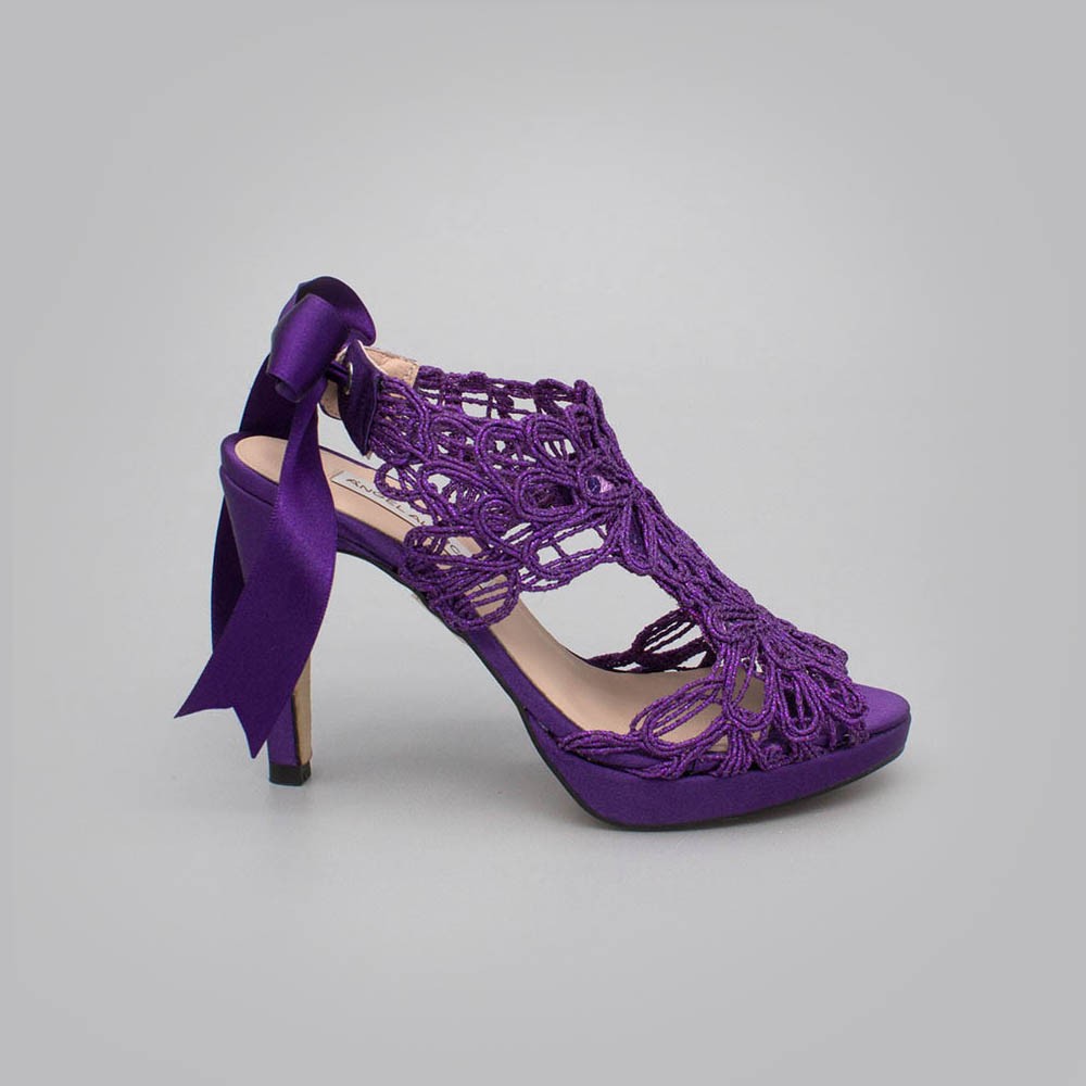 morado lila violeta LOVERS Sandalias originales de raso y cordela tacón alto plataforma zapatos de novia 2020 Ángel Alarcón