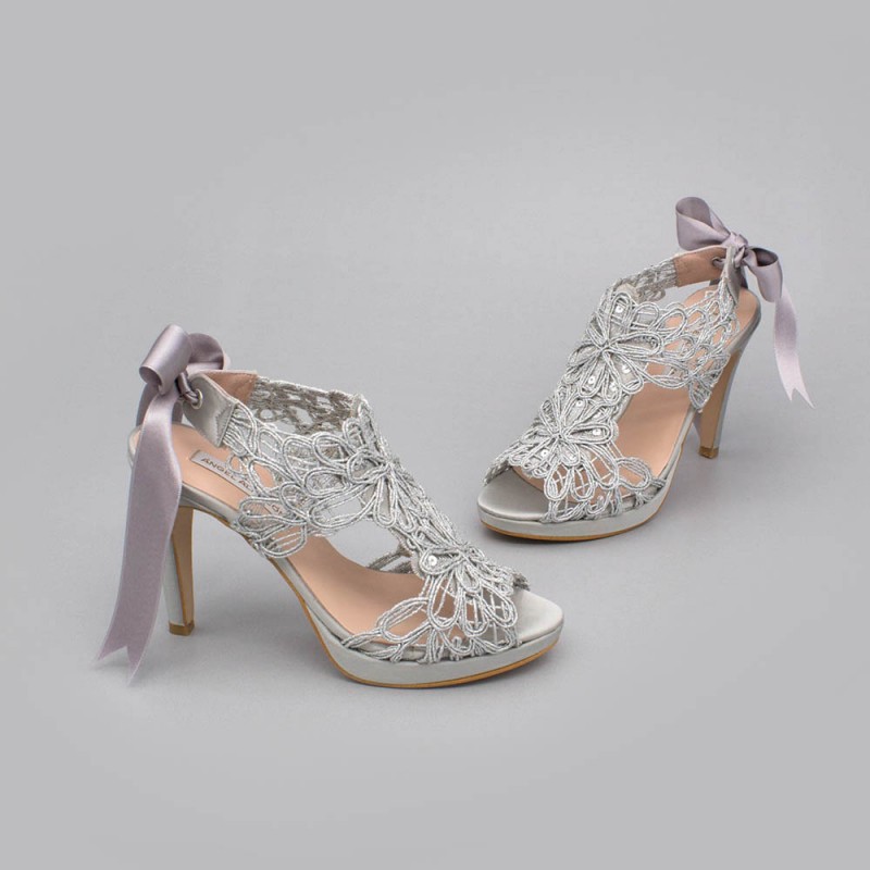 Silver lace satin - LOVERS - Platforms High heels Sandals. Wedding and party women's shoes 2020. Made in Spain. Angel Alarcon.