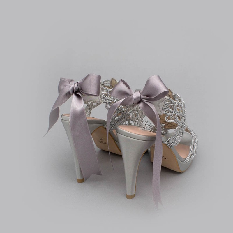 Silver lace satin - LOVERS - Platforms High heels Sandals. Wedding and party women's shoes 2020. Made in Spain. Angel Alarcon.