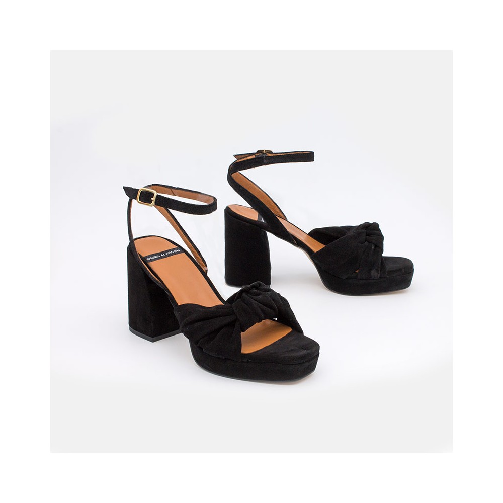zapatos mujer ante negro LIDO Sandalias de nudo con tacón alto ancho y plataforma. Verano 2021 Angel Alarcon 20037-432G